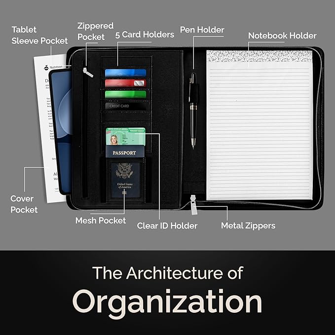 Black Zippered Leather Portfolio - High Capacity 2-Inch Spine - Fits Surface Go & iPad Pro/Air 11 Inch - Professional Resume Padfolio