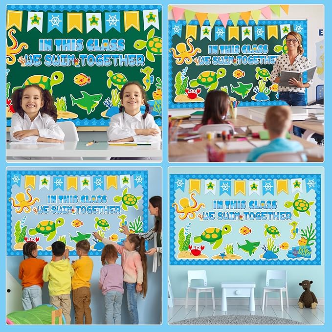 QOUBAI Sea Turtle Bulletin Board Set Ocean Themed Classroom Bulletin Board Decorations Under The Sea Turtle Cutouts Classroom Decorations for Back to School Office Home Chalkboard Decor Wall Door