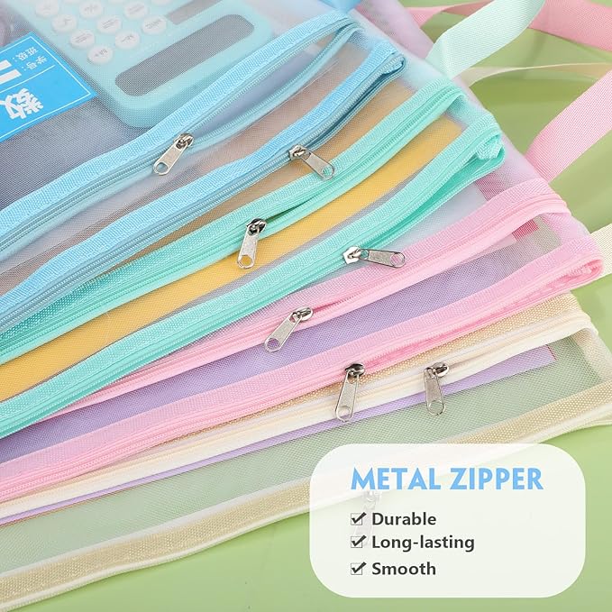 MotiMind 12 Pack Double Layer Mesh Zipper Pouch Bags 14.8 x 10.8 Inch Large Capacity Mesh Toy Storage Bags Colored Organizer Pouch with Handle for School Office and Home