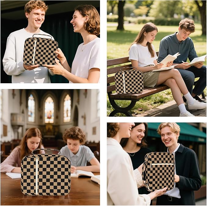 Bible Cover Case for Women Corduroy Bible Case for Girls Large Bible Cover with Handle Bible Study Supplies Accessories Christian Gifts for Women (Black Brown-Checkered, Medium)