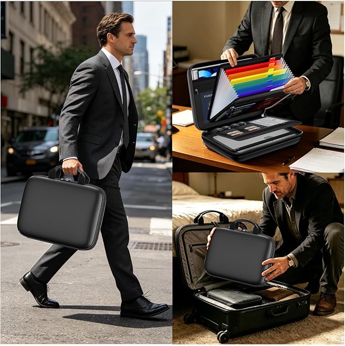 Tamfile Fireproof Document Box with Lock, Hard Case File Organizer with 7-Pocket Accordion Colour File Folder, Portable Safe Storage for Home Office Travel to Important Documents, Laptop, Black