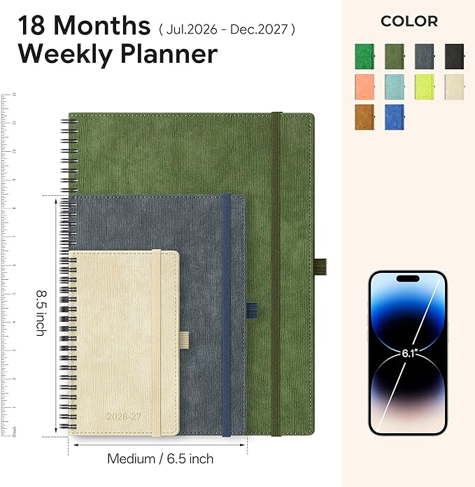 2026-2027 Planner, Daily Weekly Monthly Academic Planner, 18 Months Spiral Bound Agenda, 6.5"x 8.5", Vertical Layout, Calendar Planner, Vegan Leather Soft Cover,Pink