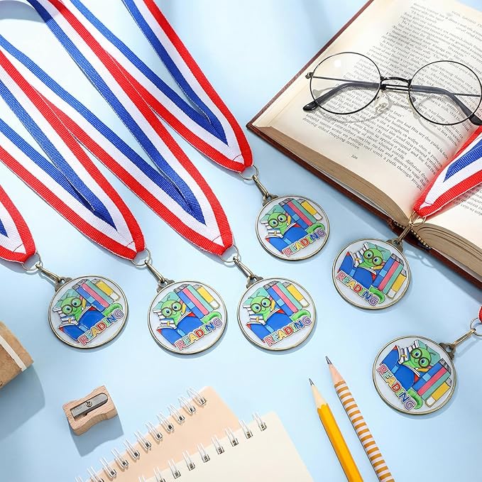 Cunno 20 Pcs Reading Medals Bulk 2'' Book Worm Reading Award Medals with Neck Ribbon Trophy Prizes Winner Gift for School Classroom Students Teaching Competitions Supplies