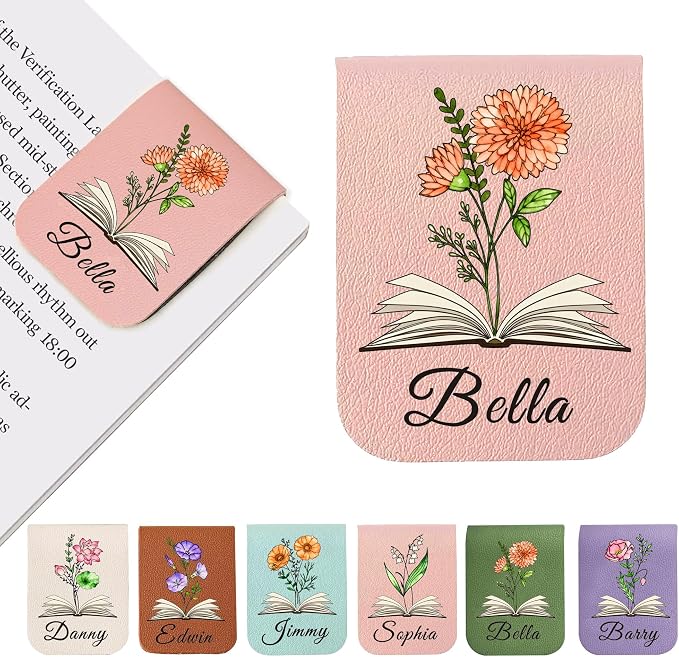 EDSG Personalized Magnetic Bookmarks, Leather Bookmark Clip with Birth Flower & Name, Custom Bookmarks for Book Lovers, Readers, Teacher, Book Mark for Women Men Christmas (Pink-Magnetic V1)