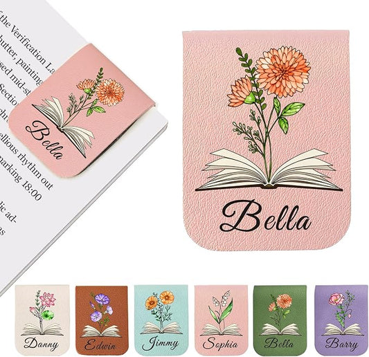EDSG Personalized Magnetic Bookmarks, Leather Bookmark Clip with Birth Flower & Name, Custom Bookmarks for Book Lovers, Readers, Teacher, Book Mark for Women Men Christmas (Pink-Magnetic V1)
