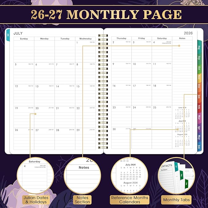 Planner 2026-2027 - Academic Planner 2026-2027, July 2026 - June 2027, Weekly & Monthly Planner, 8'' x 10", Calendar Planner, Colorful Monthly Tabs, Twin-wire Binding, Back Pocket, Holidays, Purple