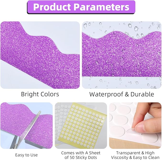 3 Rolls 98.4 Ft Glitter Bulletin Board Borders Set - Light Purple Bulletin Board Decorations for Classroom, Office，School Supplies & Home DIY - Perfect for Teachers, Posters & Birthday Party Decor
