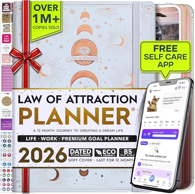 Deluxe 2026 Planner Weekly and Monthly | Law of Attraction Planner with Productivity App | 12-Month for Productivity, Gratitude & Goal Setting | Includes Foldable Vision Board, Gift Box & Stickers