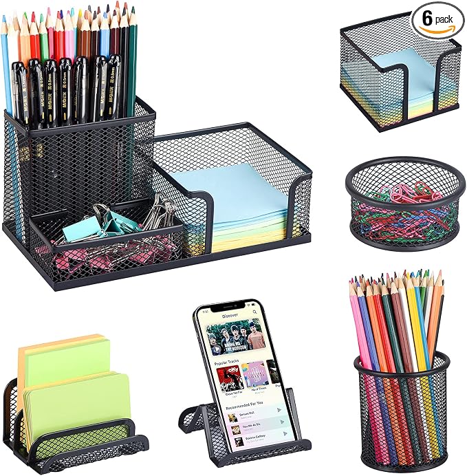 Desk Organizers set with Mesh Pen Holder Cup, 3 Compartments Black Office Supply Organizer Paper Clips Holder for Office Desk Accessories (6 Piece set, Black)