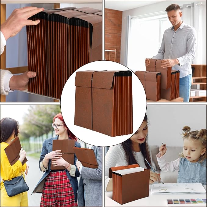 PerKoop 5 Pcs Expanding File Folder with Flap 7 Inch Expansion Expanding File Wallet with Elastic Cord Closure Letter Size Heavy Duty Document Organizer, 10 Slots, Brown