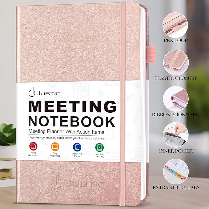 JUBTIC Meeting Notebook for Work with Sticky Tabs - Office & Business Project Planner for Notes Taking, Meeting Agenda/Minutes Organizer for Women Men, 160 Pages (A4 8.5”x11”) - Rose Gold