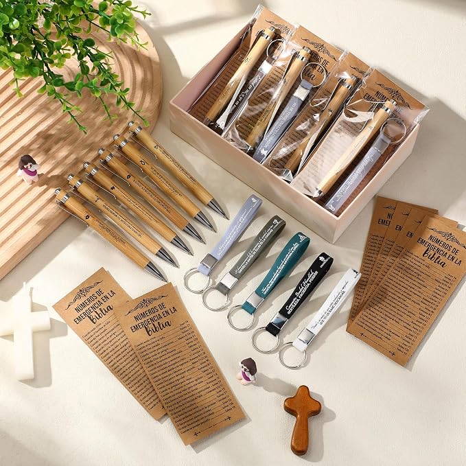 Feifeiya 25 Sets Father's Day Christian Gift Bulk Bible Verse Bamboo Pen Religious Silicone Keychain Scripture Bookmark Emergency Numbers Church Gift for Coworker Women Men(Classic Color,Spanish)