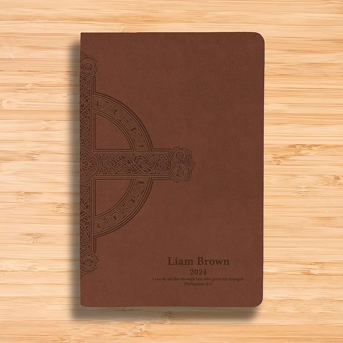 Personalized NLT Thinline Bible Faux Leather Large Print Size with Celtic Cross Design | Custom with Name, Date or Text | Gift for Religious Celebrations | Brown