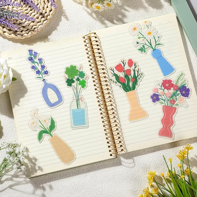Honoson 6 Pcs Flower Vase Bookmarks Tea Garden Coquette Design Bookmarks Cute Hand Embroidered Gift for Women Mom Mother's Day Book Reading Lovers Gift