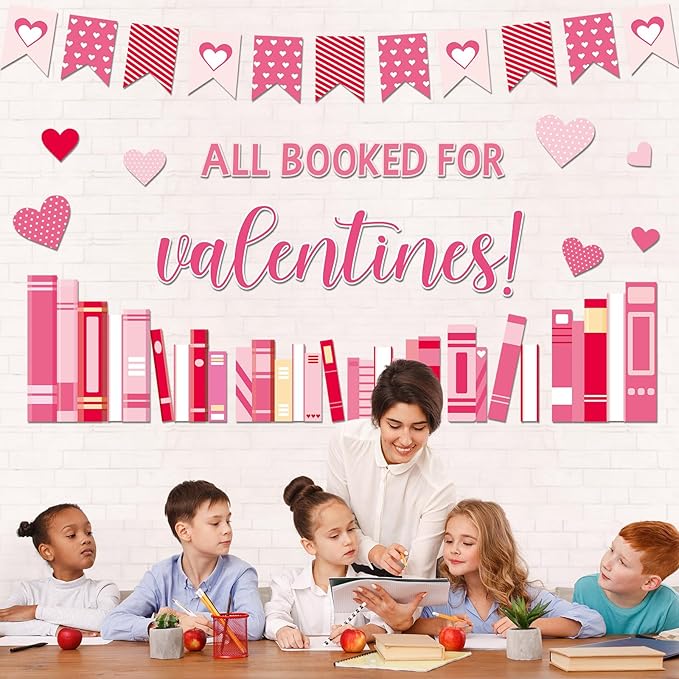 Valentine’s Day Reading Bulletin Board Set Valentine's Day Classroom Decoration All Booked for Valentines Bulletin Board Pink Red Heart Cutouts for Holiday Classroom Home School Chalkboard Wall Decor