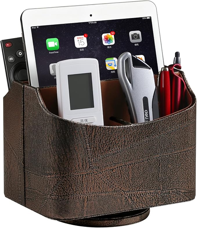 PU Leather Remote Control Holder, 360 Degree Rotating Desk Organizer Luxury Desktop Storage Rack, Rotating Bedside Storage Box for Desktop Office Living Room Bedroom (Brown Vintage)
