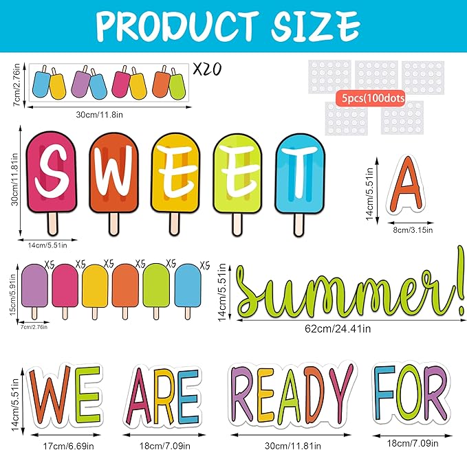 Summer Bulletin Board Decorations Set, Summer Ice Pop Classroom Decorations, Colorful Popsicle Paper Cutouts, for School Classroom Home Party Supplies