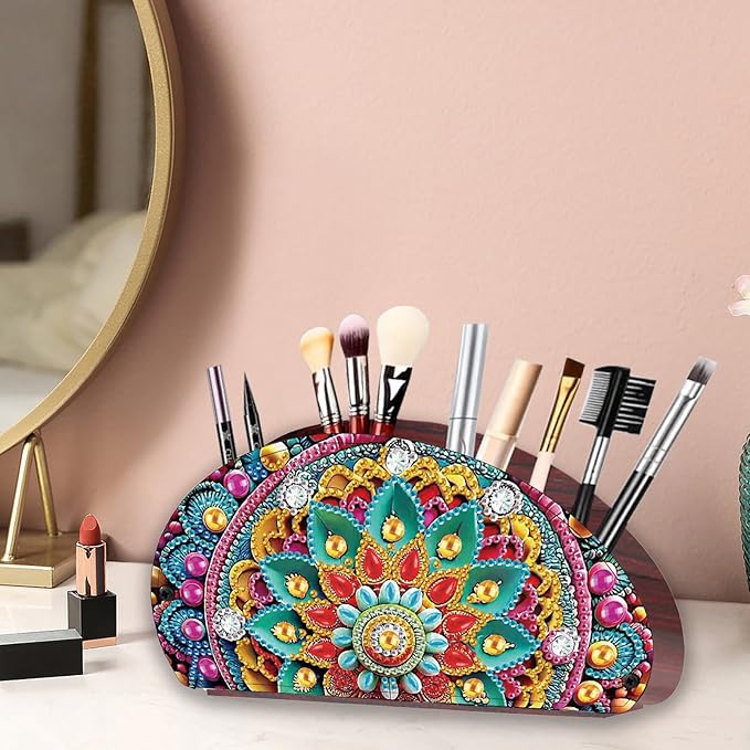Remote Control Holder with 4 Compartments, DIY Diamond Art Painting Wooden Half Moon TV Control Holder for Remote Controllers, Office Supplies, Makeup Brush, Media Accessories-Mandala-5