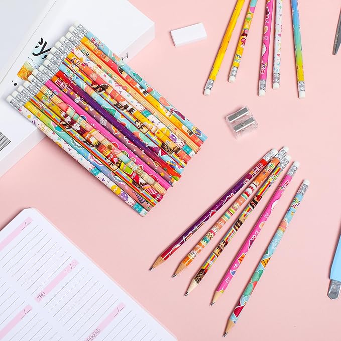 24 Pcs Happy Birthday Pencils for Students, Bulk Colorful Pencils with Top Erasers for Kids, Wood Writing Instruments for Teachers Classrooms Reward Birthday Party Supplies, 12 Assort Style