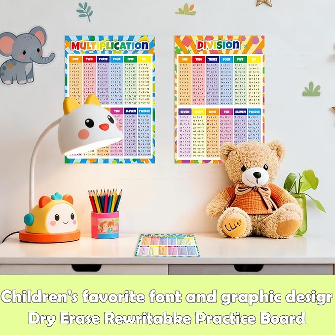 Cobers 16.5"×11.7" Multiplication and Division Table Math Poster, Elementary Education Poster, Classroom Teacher Supplies, Dry-Erase Learning Poster Set (Includes A4 Size Chart)