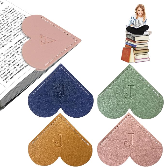 4Pcs Personalized Leather Heart Bookmark With Initial, 26 Letters Custom Corner Page Book Mark For Reading Women, Book Lovers, Teachers, Students, Cute Book Accessories(Blue+Green+Light Brown+Pink, J)