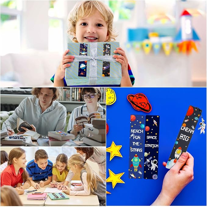 48 Pack Space Bookmarks Bulk for Kids, Outer Space Themed Party Favors, Astronaut Rocket Planet Galaxy Theme Birthday Party Favors, Bookmarks with Metal Charms for Boys Girls, Classroom Rewards Gifts