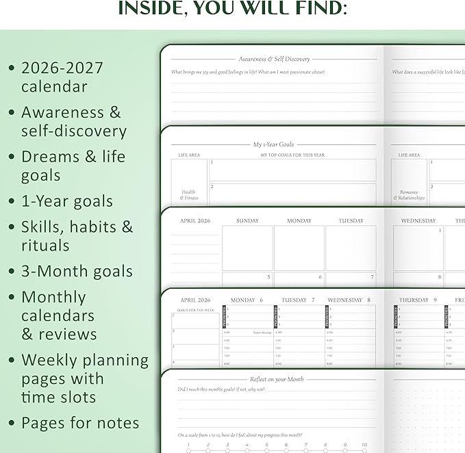 Legend Dated Hourly Weekly Planner 2026 – Daily, Monthly & Yearly Agenda with Time Slots – Hardcover Organizer Journal, 5.8x8.3” (Dark Green)