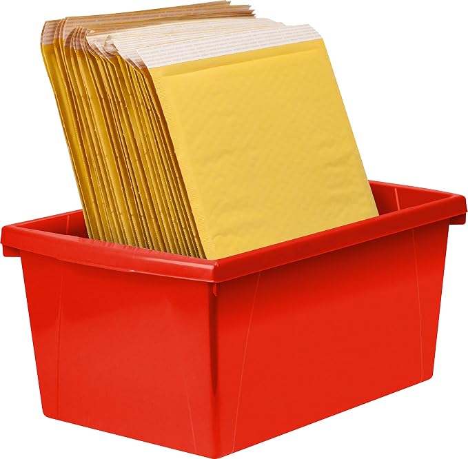 Storex 5.5 Gallon Storage Bin – Plastic Classroom Organizer for Books and Supplies, Red, 1-Pack (61483C06C)
