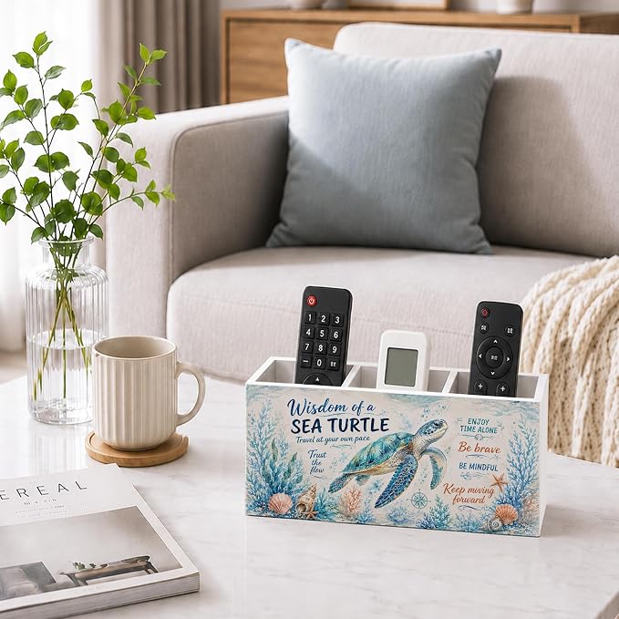 Inspirational Coastal Sea Turtle Pen Pencil Holder for Desk, Sea Turtle Gifts, Beach Ocean Marine Life Motivational Wooden Pencil Holder Organizer Desk Accessories Decor for Home Office