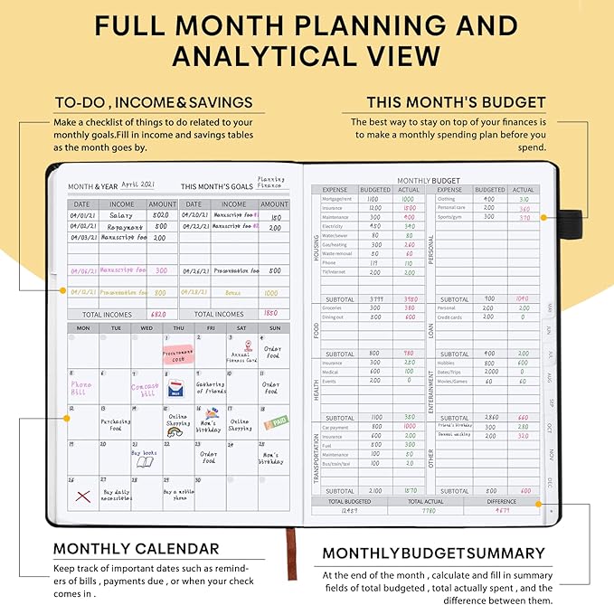Budget Planner with Monthly Tabs - 7" x 10" Hardcover Budget Book, Monthly Bill Organizer with Pockets, Undated Finance Planner with Expense Tracker Notebook to Take Control Your Money- Black