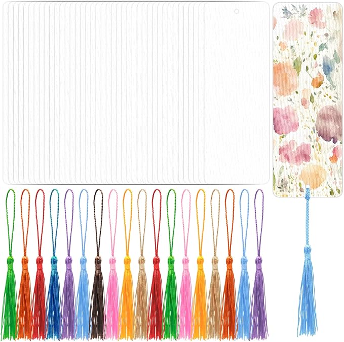 DSYIL 50 Sets Watercolor Paper Bookmarks with Tassels, Blank Book Marks Making Kit, Heavyweight Watercolor Paper Cards Bulk for Classroom Projects and DIY Craft, 5.5 x 2 Inches
