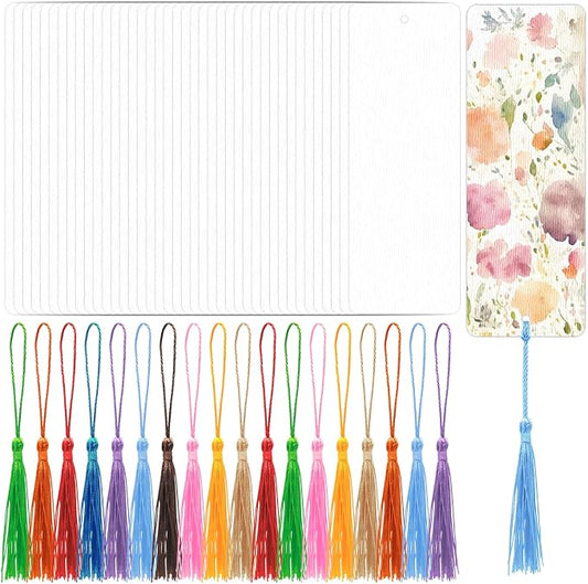DSYIL 50 Sets Watercolor Paper Bookmarks with Tassels, Blank Book Marks Making Kit, Heavyweight Watercolor Paper Cards Bulk for Classroom Projects and DIY Craft, 5.5 x 2 Inches