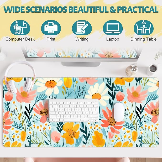 Floral Plant Desk Pad Mouse Pad, Large Gaming Mouse Mat with Stitched Edges, Non-Slip Waterproof Rubber Base Mous Mat for Office Computer Keyboard Laptop Home Decor Women (35.4X17.5 in),Botanical
