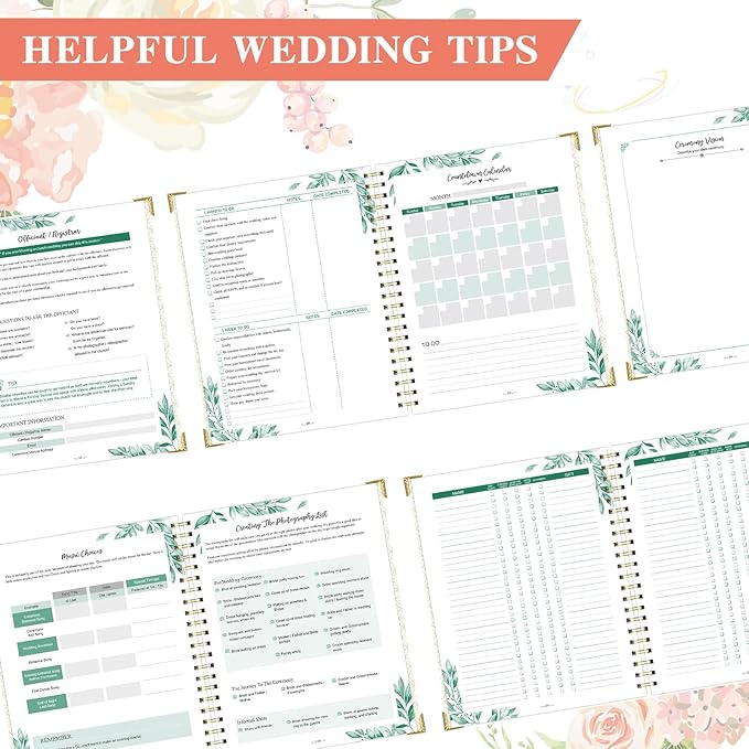 Wedding Planner Book and Organizer - Wedding Planner, Wedding Planners for Bride with 5 Tabbed Sections, 9" x 11.9", Countdown Calendar, Metal Corner, 5 Inner Pockets, Elastic Closure - Floral