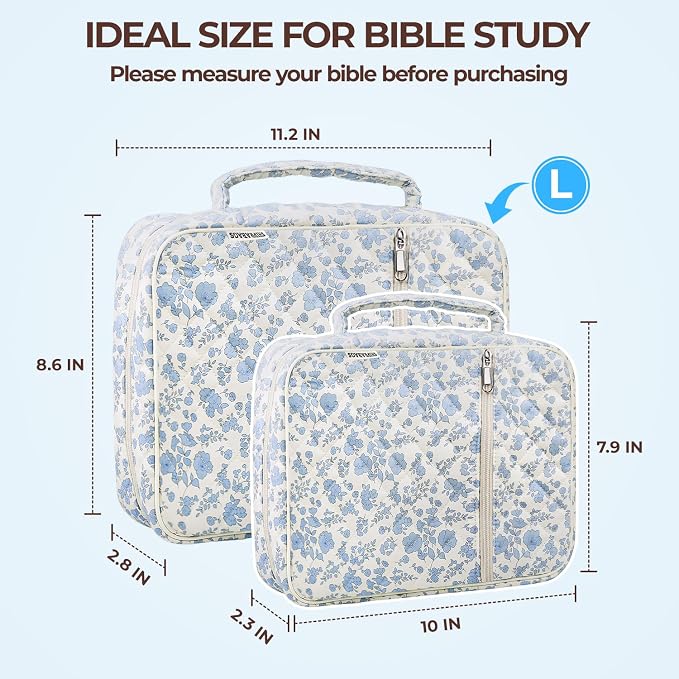 Quilted Bible Cover Case for Women with Bible Study Supplies Journaling Kit Floral Bible Bag Carrying Case with Pastel Highlighters Tabs, Women Christmas Christian Gifts (Blue Floral, L)