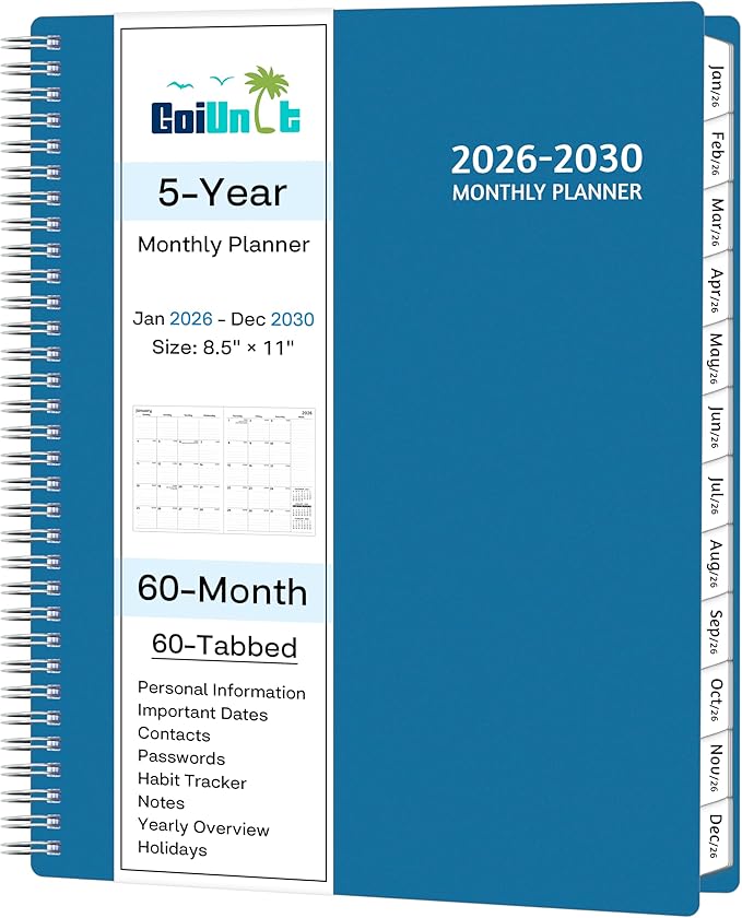 Monthly Planner 2026-2030, 5-Year Calendar Planner 2026-2030, Jan 2026 – Dec 2030, 8.5 x 11 In, Ruled Spread, Flexible Cover, Spiral Wirebound, Pocket, 60 Coated Monthly Tabs, Notes ＆ Habit Tracker, A4 Planner, Green