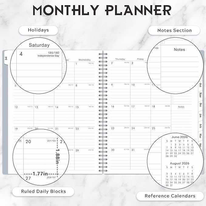 Planner 2026-2027- July 2026 - June 2027, Academic Planner 2026-2027, Tabs, Spiral Bound, 9" x 11", Grey