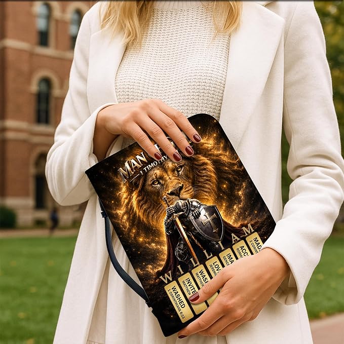 Personalized Man of God Bible Cover for Men, Christian PU Leather Bible Case with Handle Zipper, God Says I Am Warrior Scripture Bible Holder, Religious Gift for Men (Man of God Bible Verse)