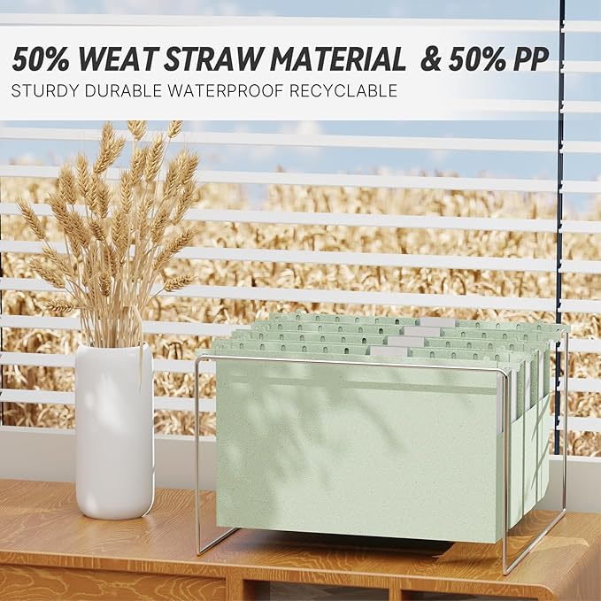 XINGIA Extra Capacity Wheat Straw Hanging File Folders Legal Size,2 Inch Expandable Plastic Hanging File Organizer,12 Pack Heavy Duty Hang Folders for Filing Cabinet,Bulky Files(Morandi Green)