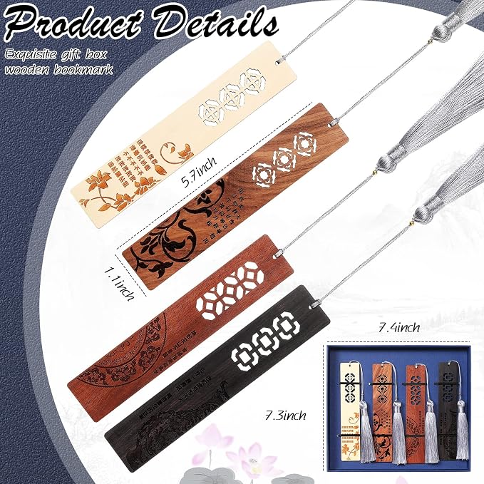 Outus 4 Pieces Wooden Bookmarks for Men Women Employee Father's Day Appreciation Gifts for Men Back to School Gifts Vintage Handmade Natural Carving for Book Lovers Birthday(Vibrant Style)