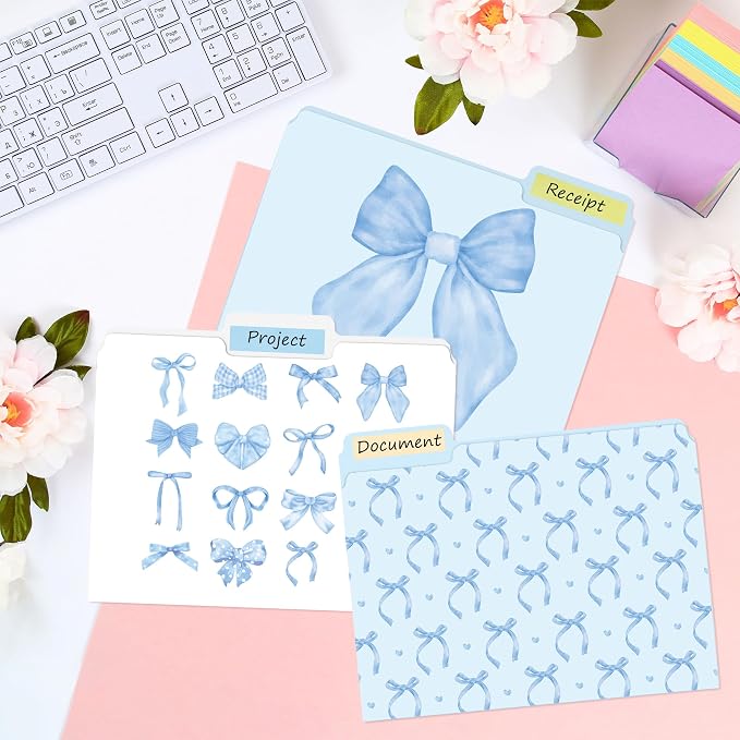 Xqumoi 12Pcs Coquette Blue Bow File Folders, Letter Size Bowknot Decorative File Pockets with 1/3 Cut Tab Pretty Colored Folders for Office Home Classroom Supplies Documents Paper, 8.9 x 11.6 Inch