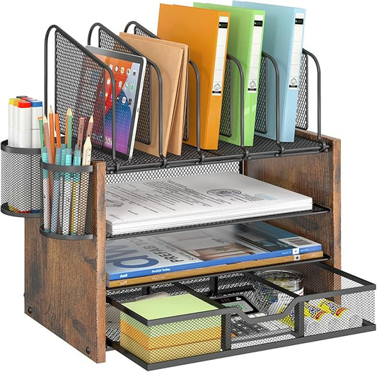 DAOUTIME 4-Tier Mesh Desk Organizer, Wooden Desk File Organizer with 5 Vertical File Holders and 2 Pen Holders, Desktop Organizers and Accessories with Drawer for Home Office