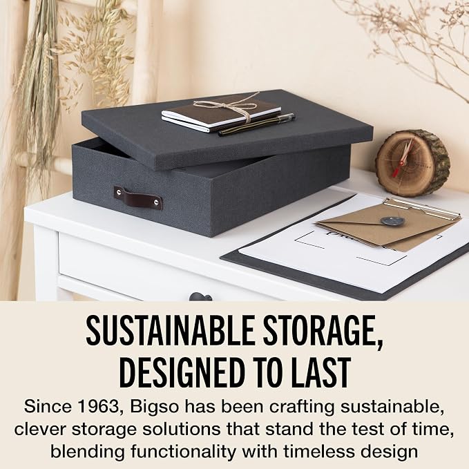 Bigso Oskar Canvas Fiberboard Document Letter Box for Important Paperwork A4 or Letter Size - Durable Keepsake Box with Lid and Leather Handle - 3.3in x 10.2in x 13.8in - Black - 3 Pack