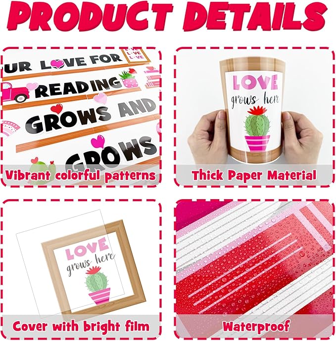 Valentine's Day Reading Bulletin Board Decoration Set, Valentines Day February Library Classroom Decorations Love Heart Book Plant Cutouts School Nursery Home Window Wall Door Decor for Teacher