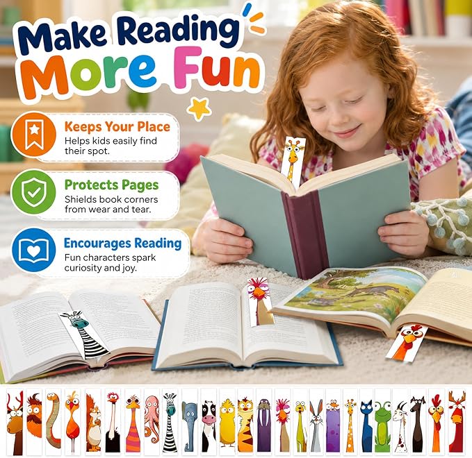 30Pcs Fun Bookmarks for Kids,Funny Animals Cartoon Kids Bookmarks,Creative Cartoon Page Holders,Funny Book Marks for Book Lovers/Students/Readers/Teacher,4th of July Gift.