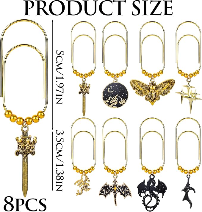 Fantasy Acotar Dragon Bookmark - 8 Pcs Cool Metal Large Paper Clips Gifts Unique Paperclips Planner Accessories for Reading Book Lovers Men Women Students Teachers Birthday School Supplies