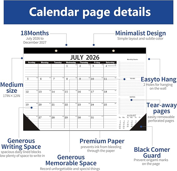 Desk Calendar 2026-2027,July 2026 to December 2027, Desk calendar 2026-2027 with to-do list,2027 Calendar 18 Months,Calendar 2026-2027-17" x 12" for Home or Office.