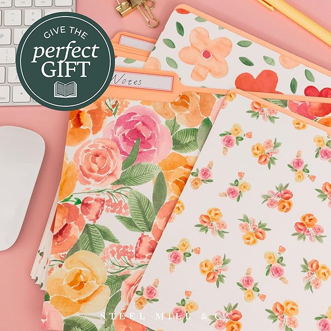 Steel Mill & Co Cute File Folders, Set of 9, Document Organizer for Filing Cabinet, Decorative Letter Size Files, Full Posey/Scattered Posey/Bold Floral