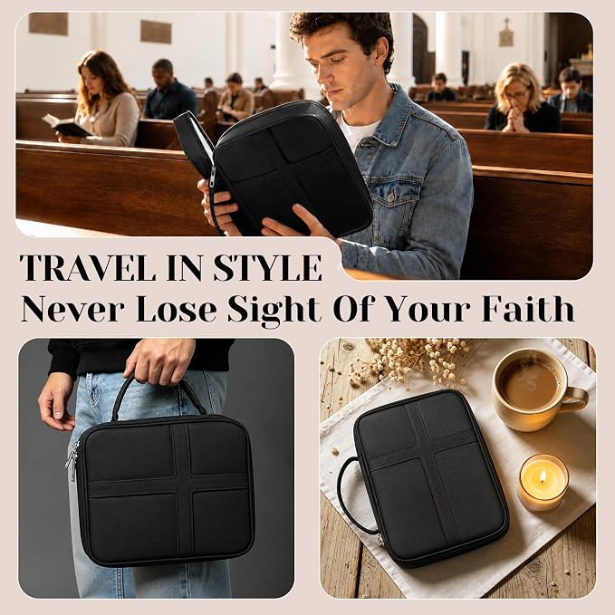 XKDOUS Large Bible Cover, Bible Bag with Handle, Durable Cross Design Bible Case with Bible Accessories, Bible Cover Case for Women and Men, Christian Gift (Black)