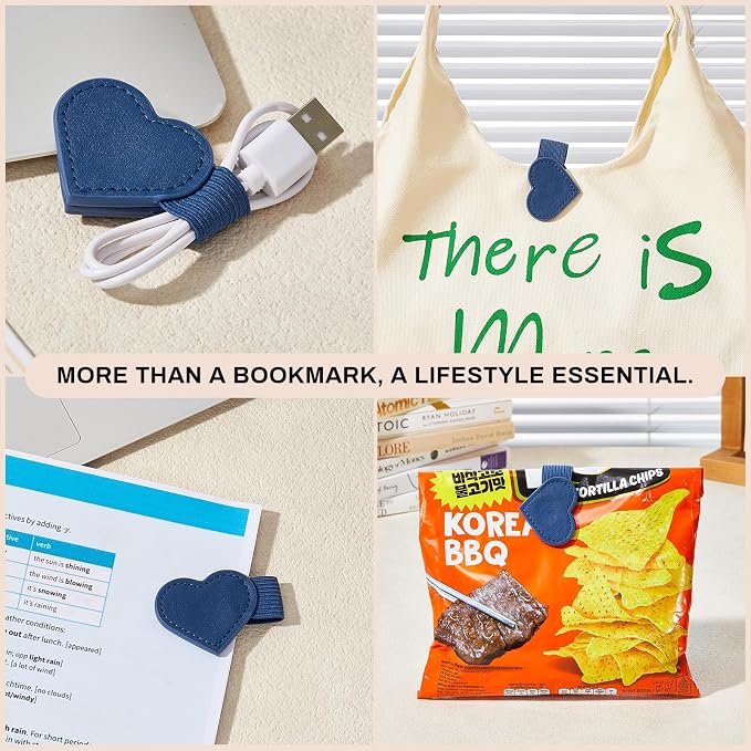 2Pcs Magnetic Leather Bookmarks with Gift Box, Heart-Shaped Magnetic Pen Holder Book Marks Clip Gift for Book Lover Readers Cute Bookmark for Women, Dark Blue